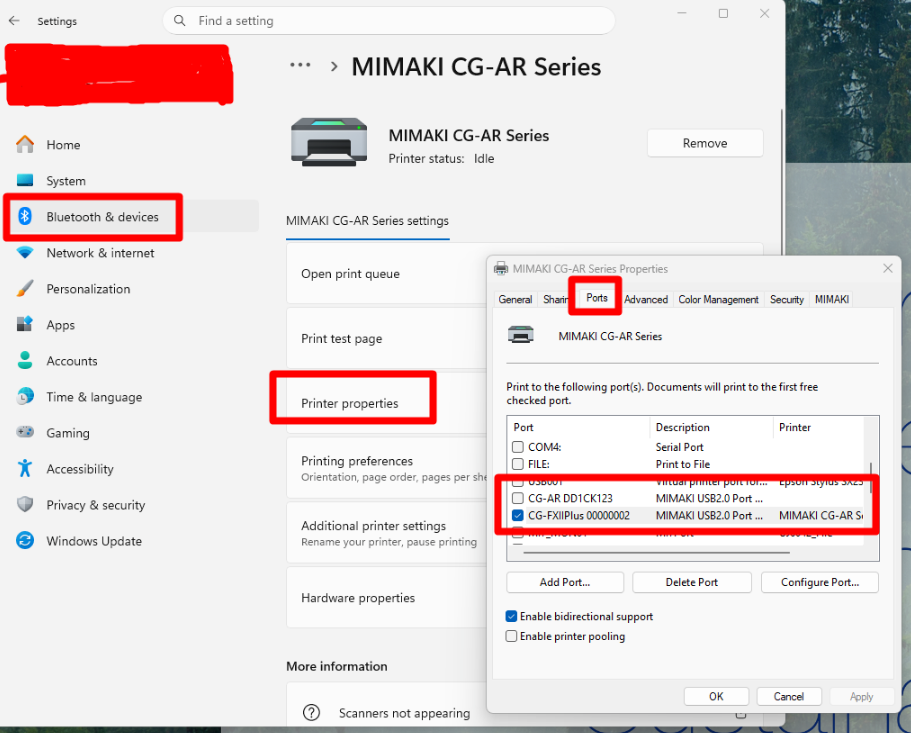 Windows Printer Port Settings for Mimaki